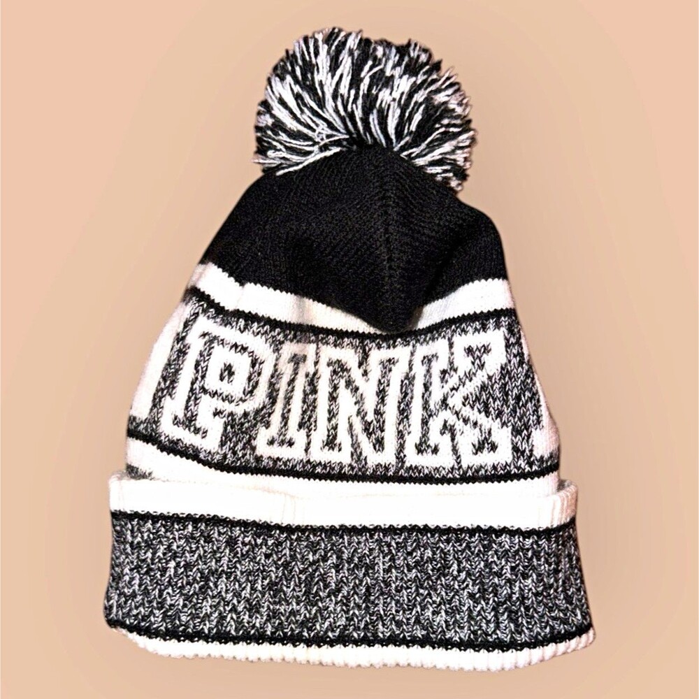 Victoria's Secret PINK Knit Pom Pom Beanie Striped Logo Black White Gray O/S